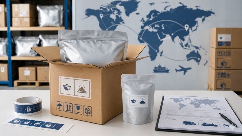 Sealed Earthworm Protein Powder packaging prepared for storage and international shipping planning