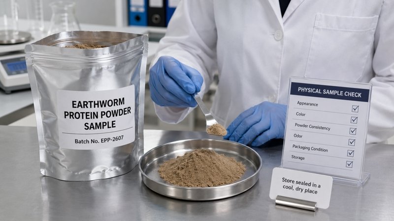 B2B formulation team inspecting an earthworm protein powder supplier sample