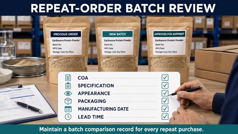 Earthworm Protein Powder repeat-order batch review with packaging labels and approval checklist