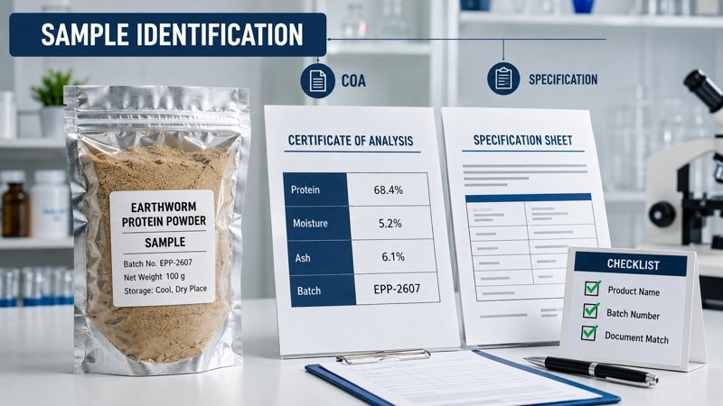 Earthworm protein powder sample evaluation with batch label, COA and specification sheet