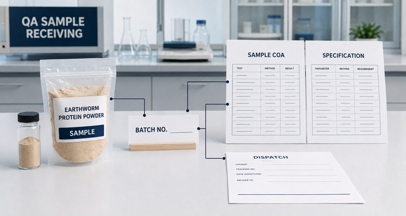 Earthworm Protein Powder sample label, batch number, COA and specification review