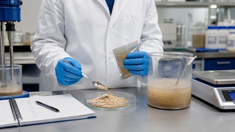 Formulation technician evaluating Earthworm Protein Powder sample blending, dispersion and handling behavior