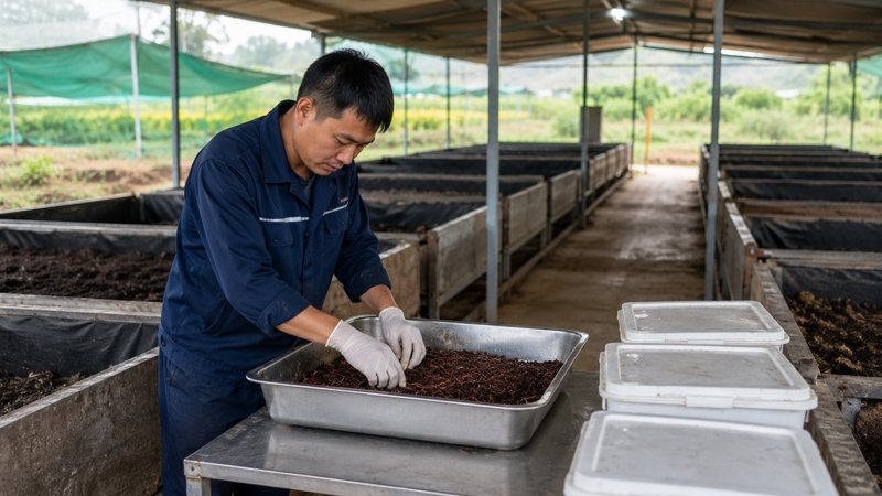 Worker inspecting earthworm raw material at a managed breeding base before production