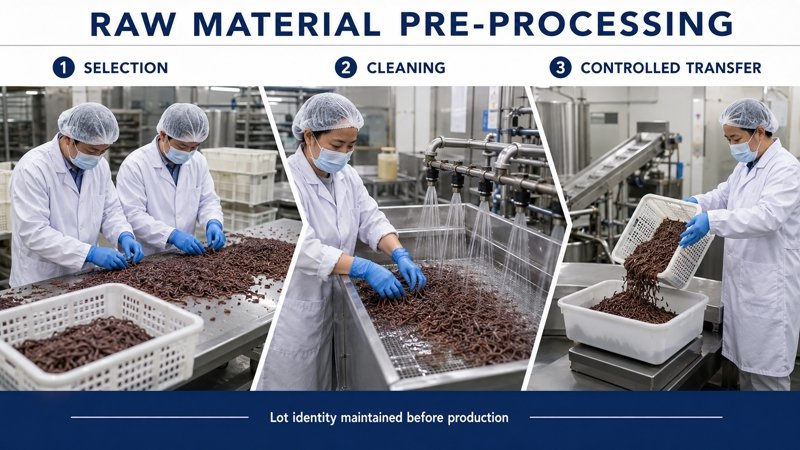 Earthworm raw material selection cleaning and controlled transfer before ingredient production