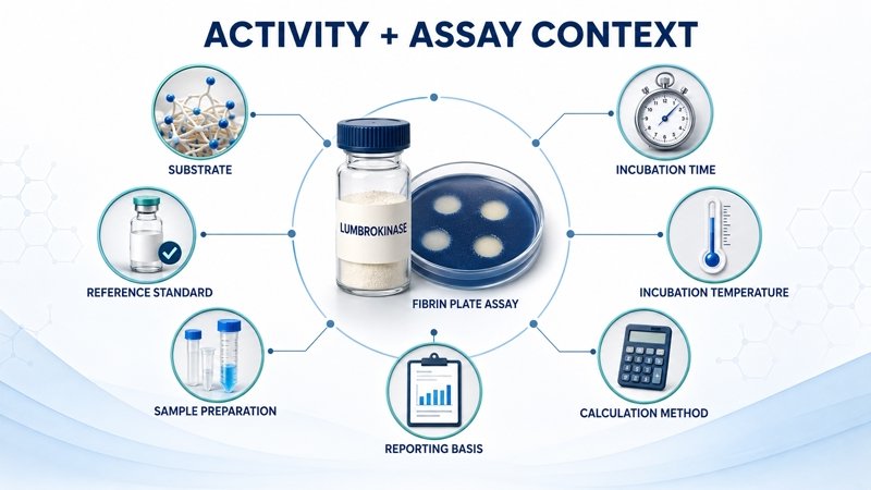 Lumbrokinase activity review with fibrin plate assay, substrate, standard, incubation conditions and reporting basis
