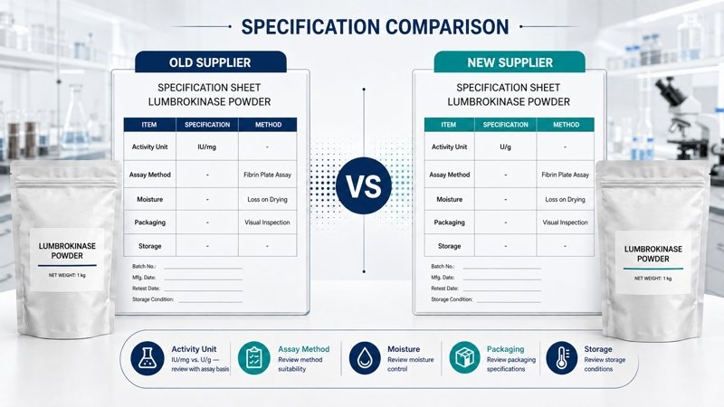Changing lumbrokinase suppliers specification and assay method comparison