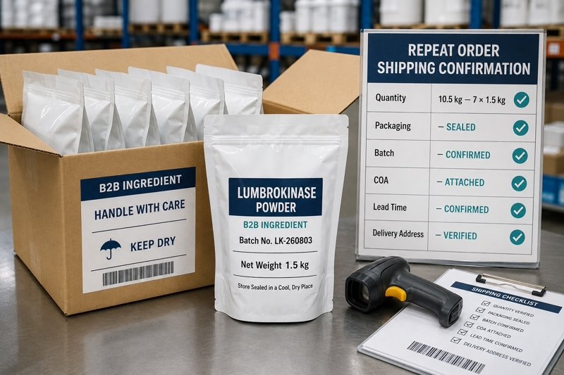 Lumbrokinase packaging, quantity and shipping details for a bulk reorder