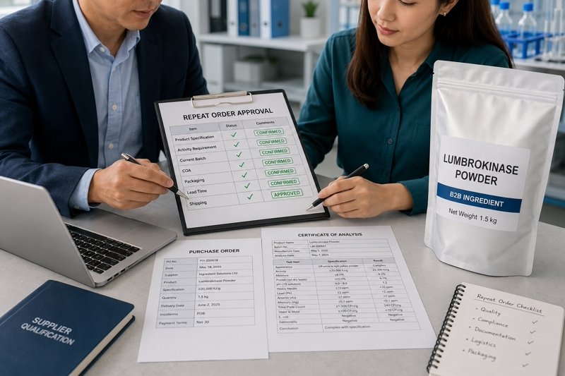 Purchasing and QA teams reviewing a lumbrokinase repeat order approval checklist