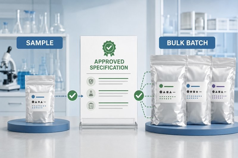 Lumbrokinase sample and bulk batches compared against the same approved specification