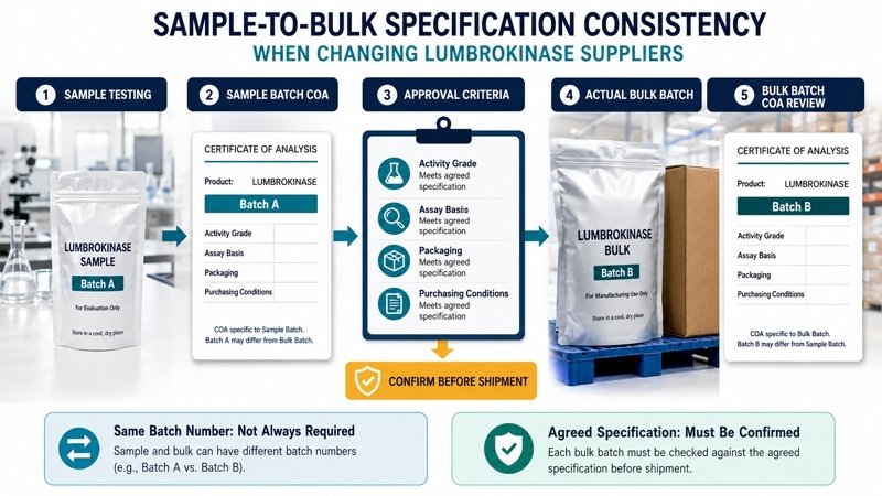 Lumbrokinase sample-to-bulk specification consistency and batch COA review