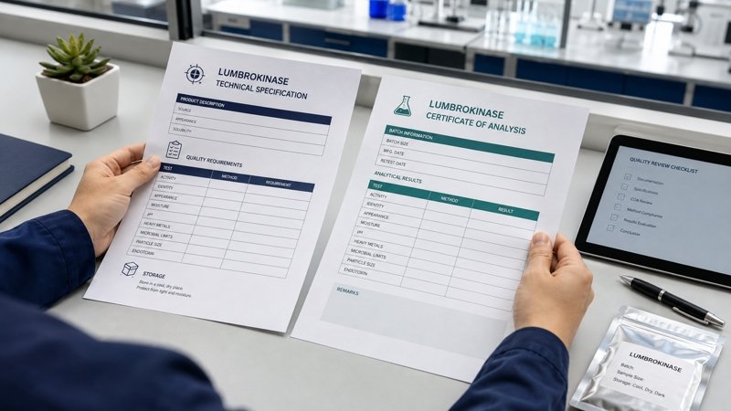 QA specialist comparing a lumbrokinase technical specification sheet with a batch-specific COA