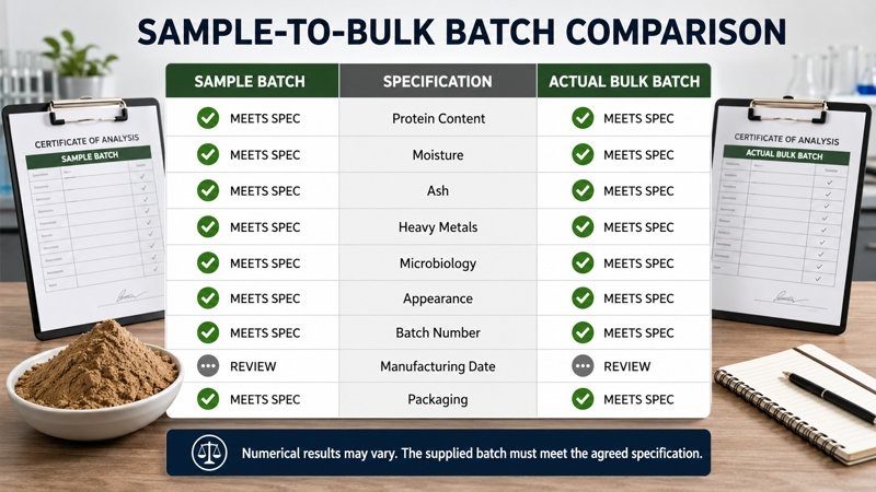 Sample-to-bulk Earthworm Protein Powder batch comparison covering COA and key quality parameters