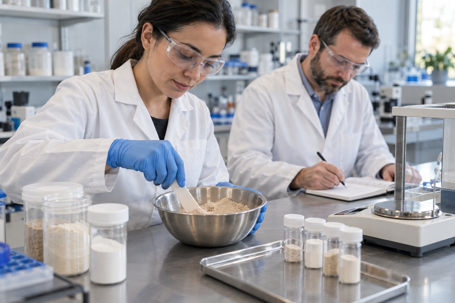 Researchers conducting a bench formulation trial with an earthworm-derived powder ingredient