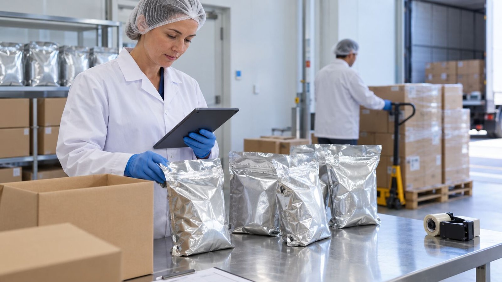 Sealed earthworm-derived ingredient powder packages undergoing inspection before commercial shipment