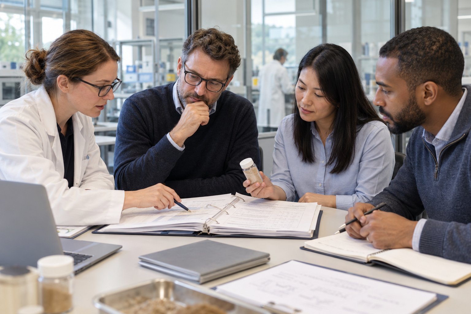 Cross-functional team reviewing ingredient samples and evaluation evidence before formula approval