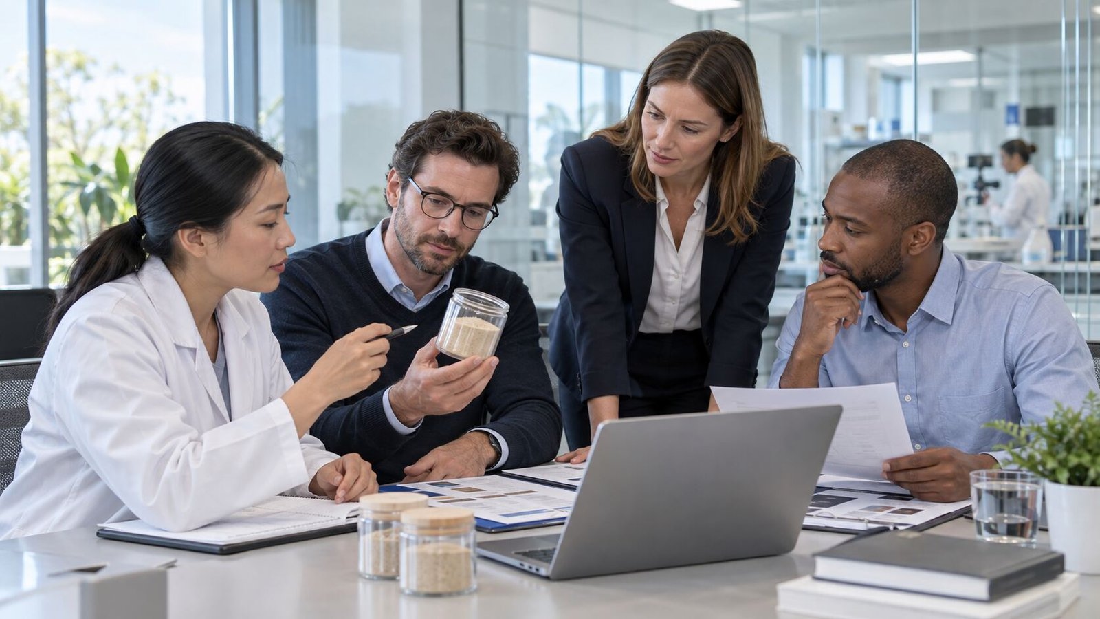 QA, R&D, sourcing and procurement teams reviewing an earthworm-derived ingredient supplier together