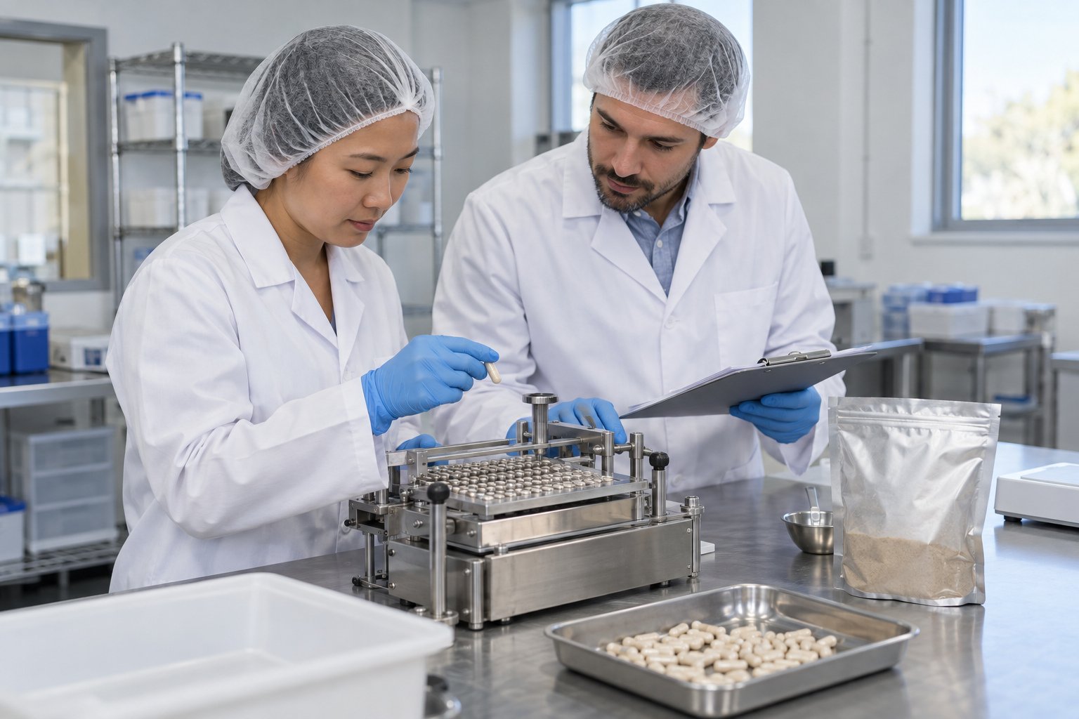 Technicians reviewing capsule samples and production records during a supplement pilot evaluation