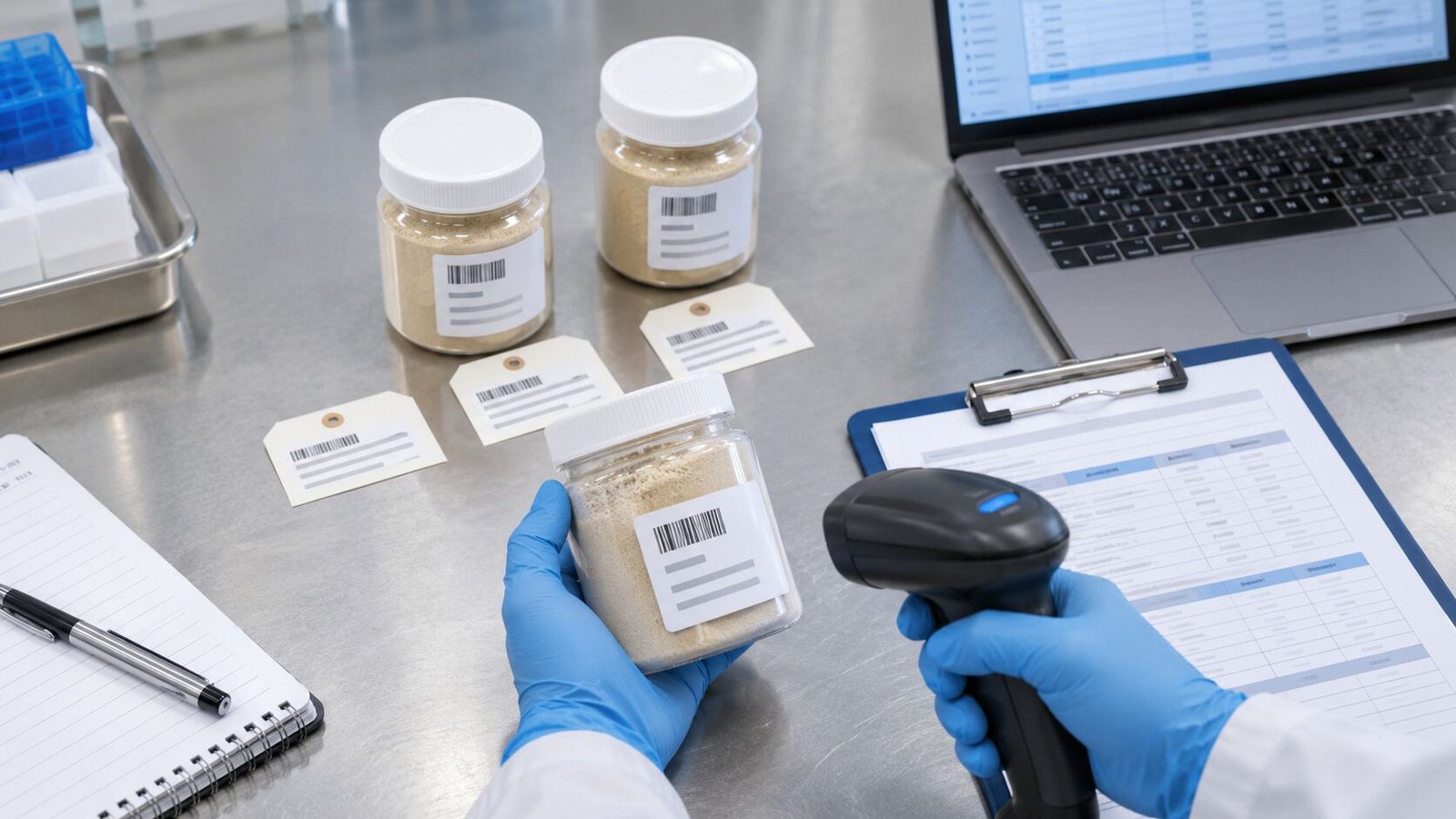 Earthworm-derived ingredient powder samples being matched with batch records during a traceability review