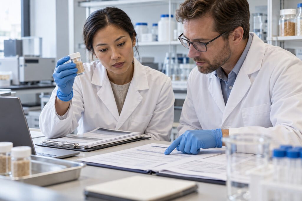 R&D and QA professionals reviewing an earthworm-derived ingredient sample and batch documents