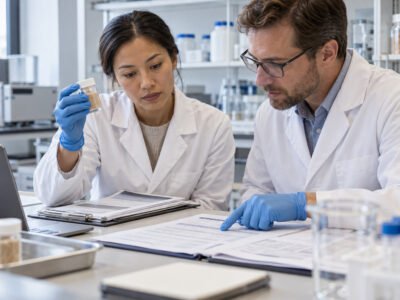 R&D and QA professionals reviewing an earthworm-derived ingredient sample and batch documents