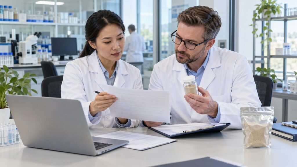 QA specialists reviewing an earthworm-derived ingredient specification, batch documentation and powder sample