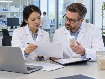 QA specialists reviewing an earthworm-derived ingredient specification, batch documentation and powder sample