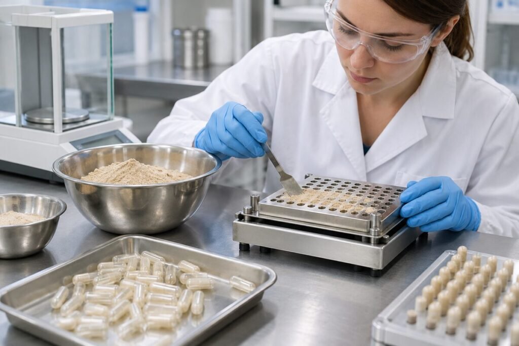 Formulation specialist reviewing an Earthworm Peptide Powder sample and supplier documentation