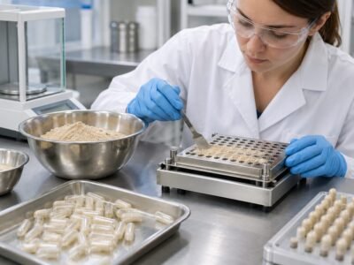 Formulation specialist reviewing an Earthworm Peptide Powder sample and supplier documentation