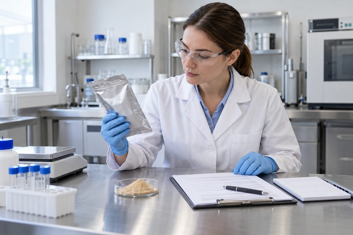 R&D and QA specialists comparing Earthworm Peptide Powder batches before pilot formulation