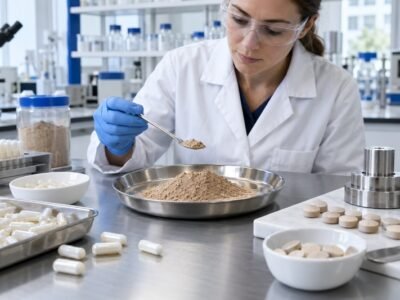 Formulator evaluating Earthworm Protein Powder for capsule and tablet formulation development