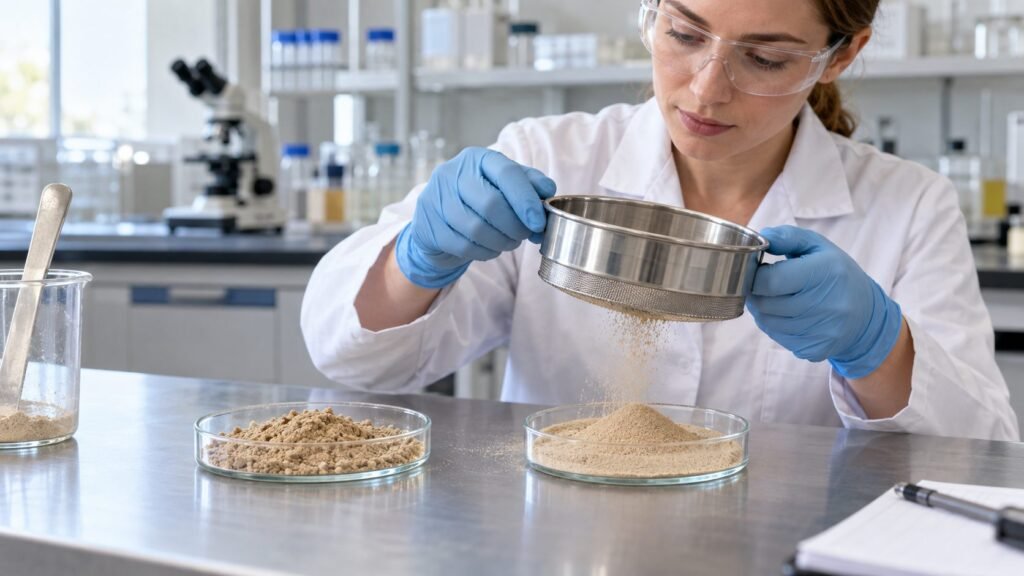 Technician sieving Earthworm Protein Powder to examine particle characteristics