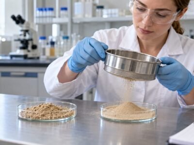 Technician sieving Earthworm Protein Powder to examine particle characteristics