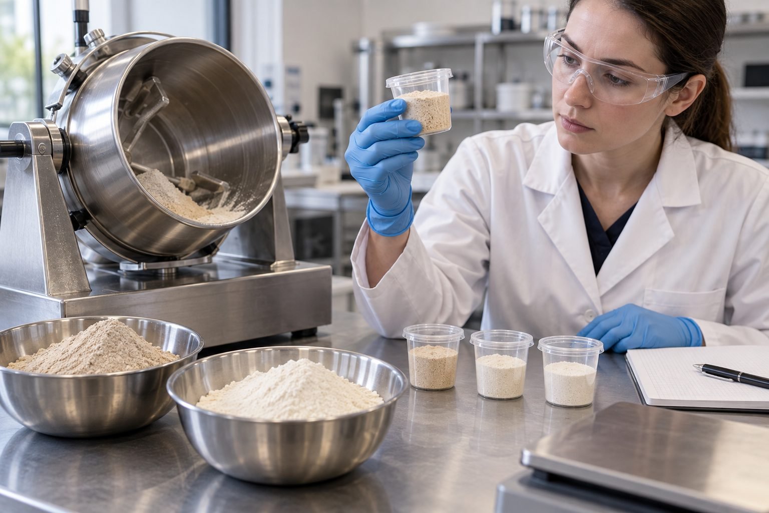 Formulator examining Earthworm Protein Powder samples during a blending evaluation
