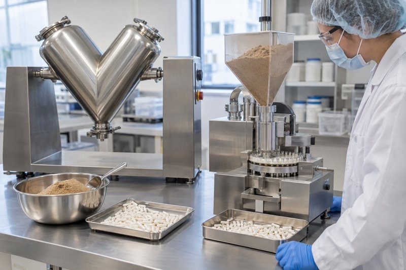 Earthworm Protein Powder blending and capsule-filling trial in a formulation laboratory