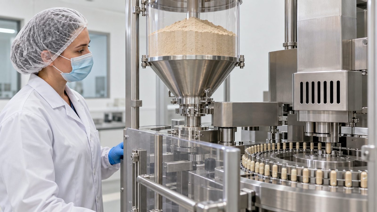 Technician monitoring powder feeding during a capsule-filling trial