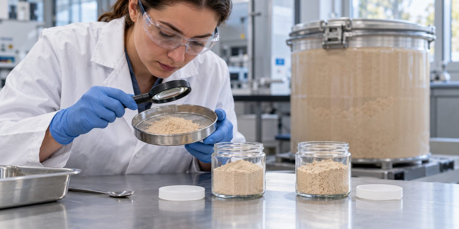Technician comparing Earthworm Protein Powder samples for particle-characteristic evaluation