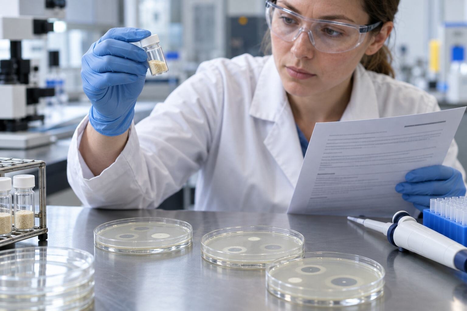 QA specialist comparing a Lumbrokinase specification with the batch COA before acceptance