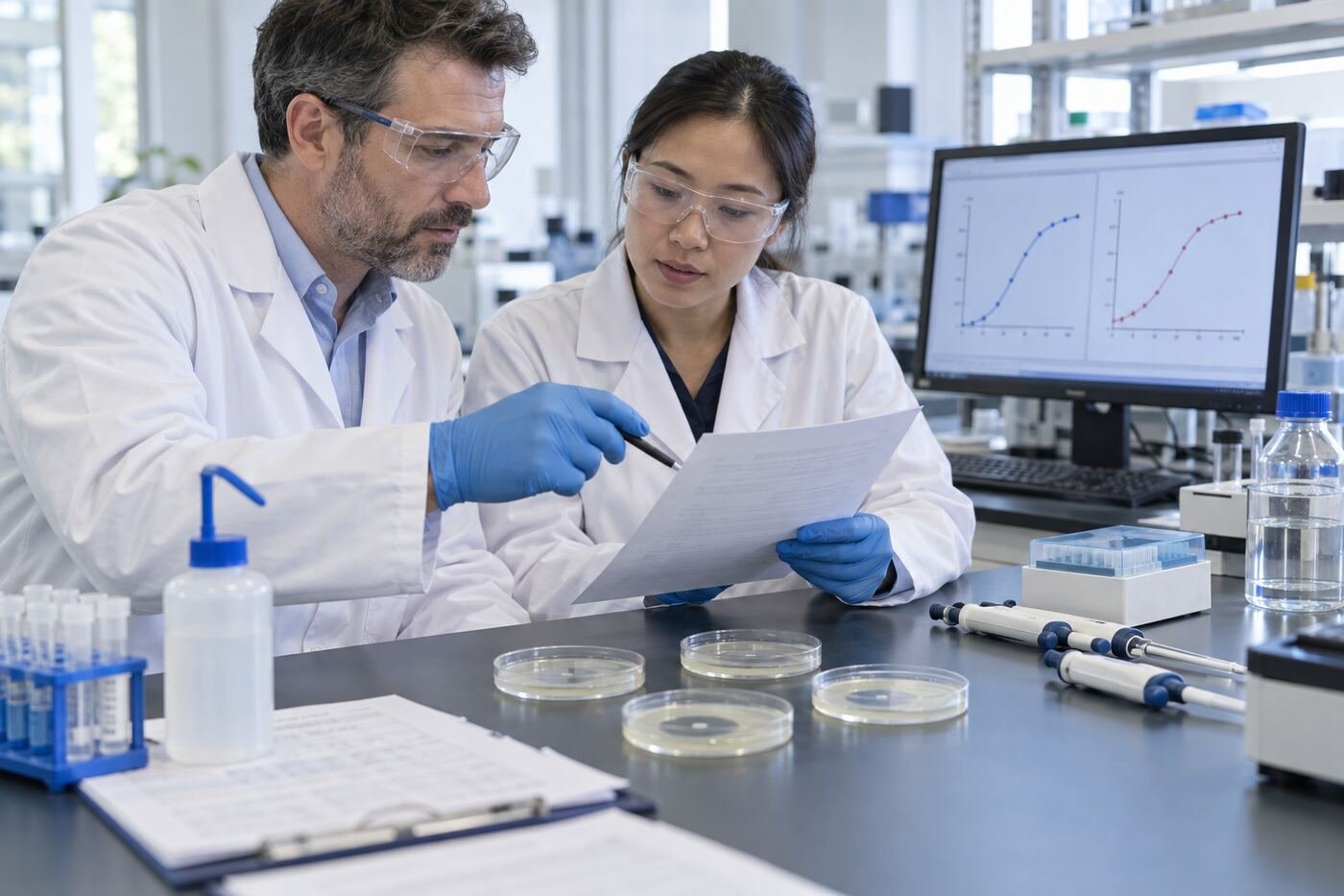 Laboratory scientists comparing Lumbrokinase assay methods and test conditions