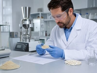 Product developer evaluating Lumbrokinase powder for a dietary supplement capsule formulation