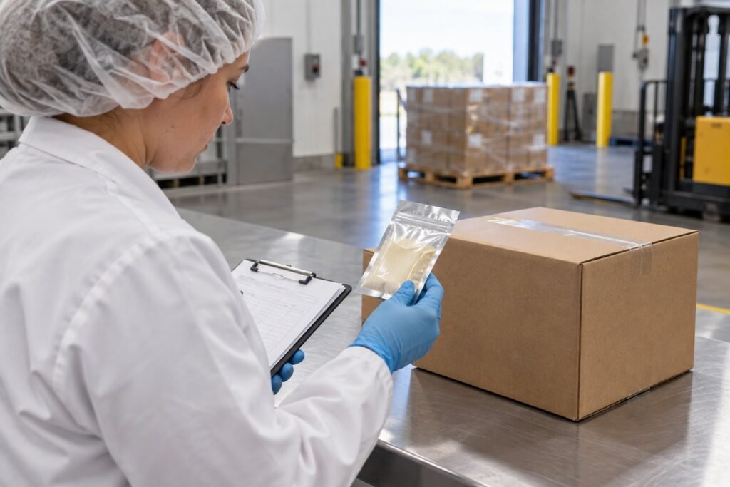 Contract supplement manufacturer team reviewing customer formulation requirements and a Lumbrokinase powder specification