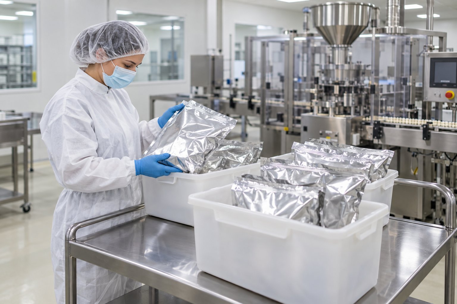 Formulation staff evaluating Lumbrokinase powder handling during a pilot manufacturing assessment