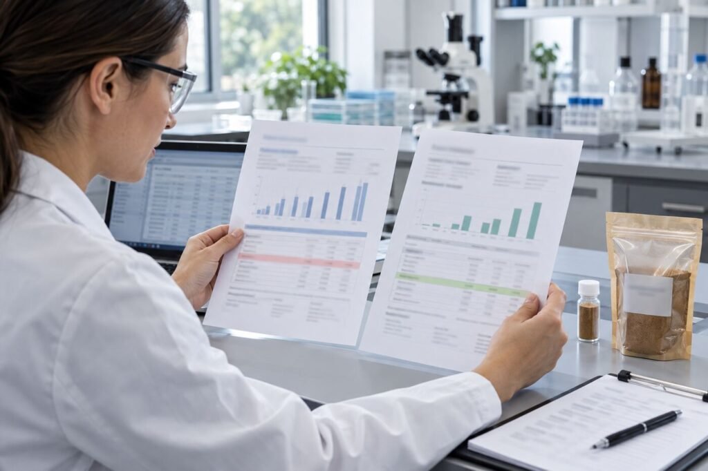 QA professional comparing an independent Lumbrokinase test result with the supplier COA