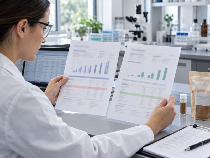 QA professional comparing an independent Lumbrokinase test result with the supplier COA
