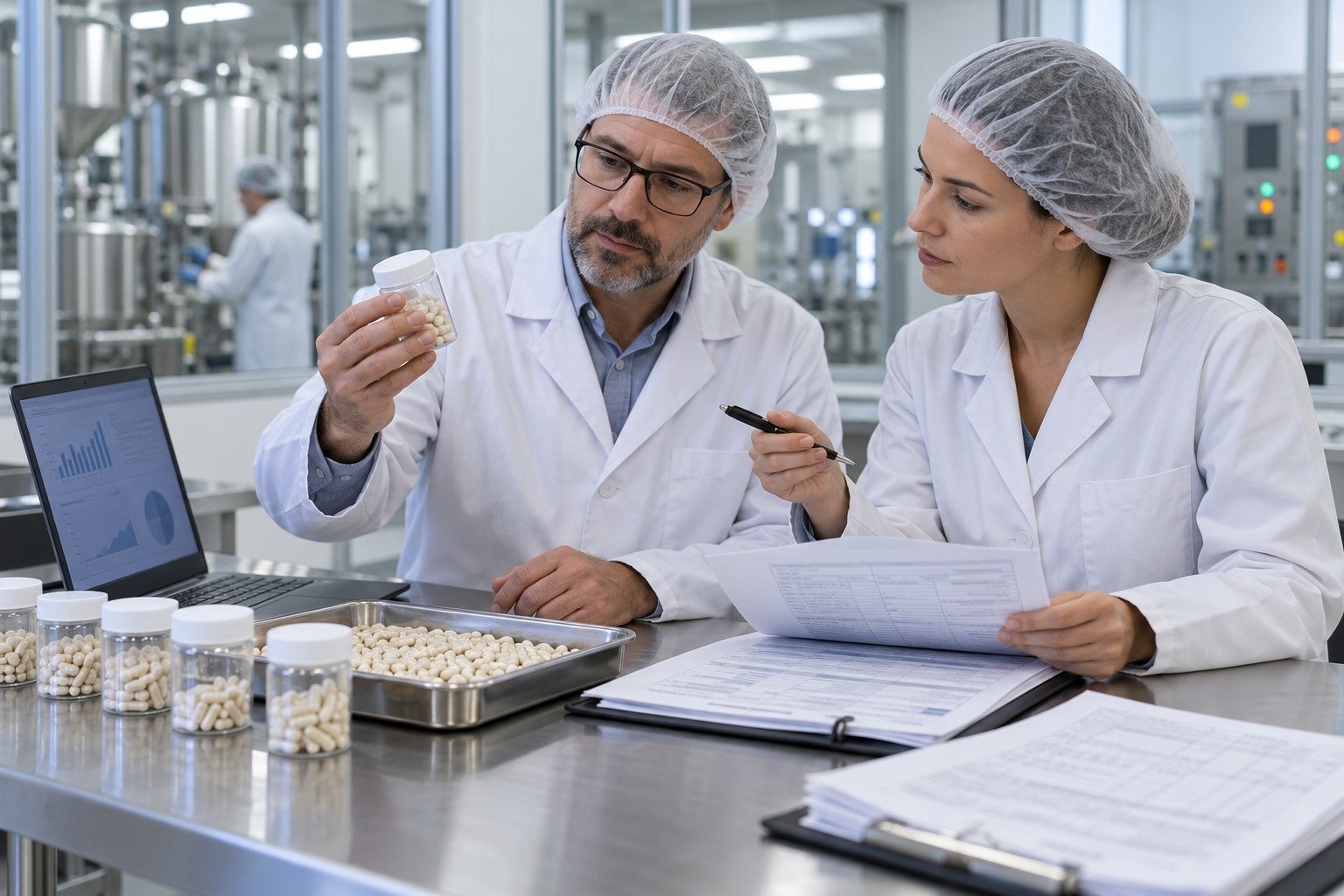 Formulation and QA professionals reviewing finished pilot-batch capsules and production records