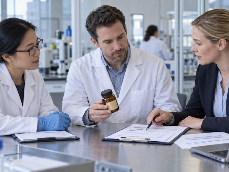 QA and R&D teams briefing an independent laboratory before Lumbrokinase testing