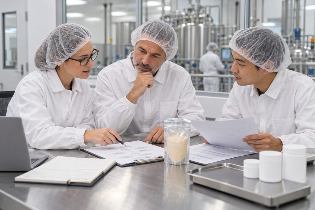 Product development and QA team reviewing objectives for a lumbrokinase pilot batch