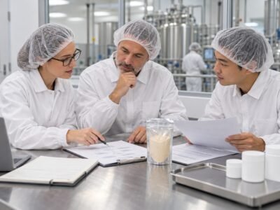 Product development and QA team reviewing objectives for a lumbrokinase pilot batch