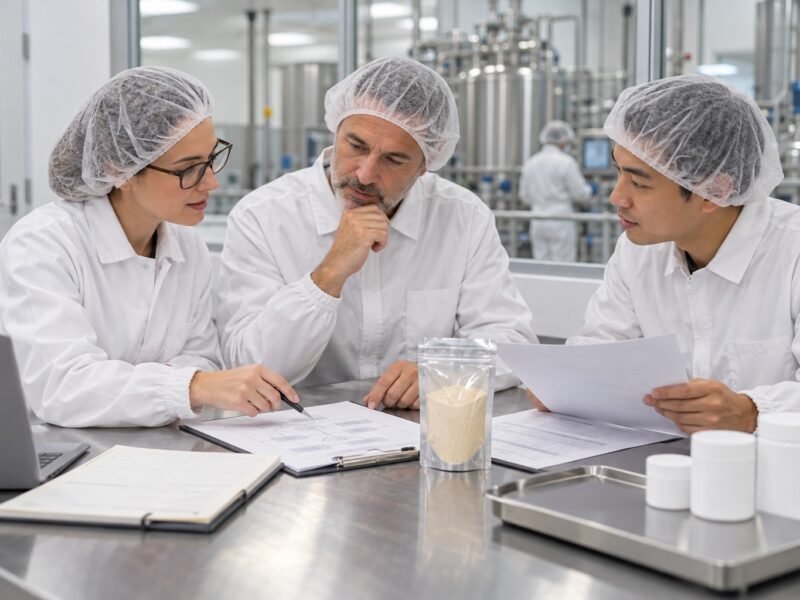 Product development and QA team reviewing objectives for a lumbrokinase pilot batch