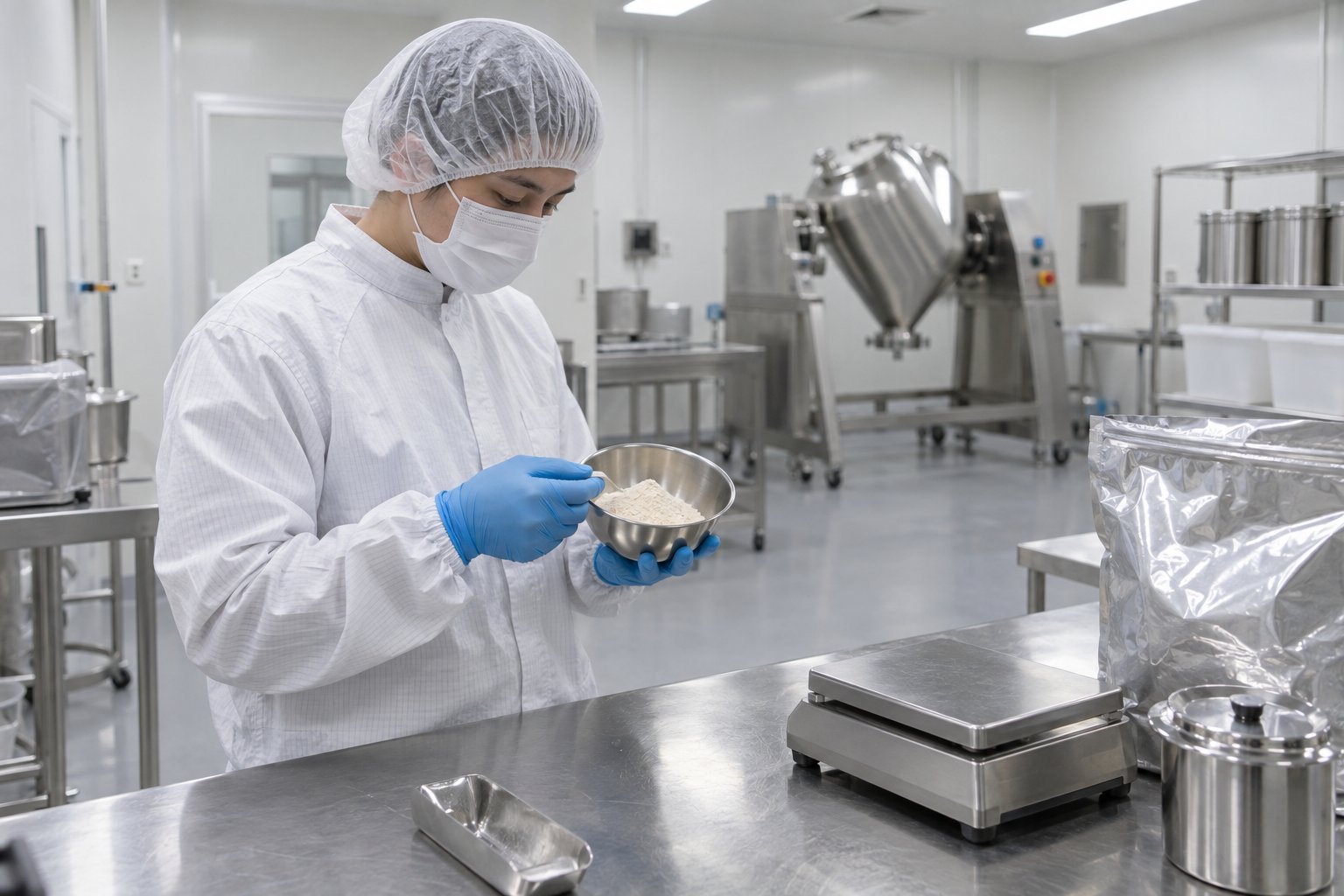 QA analyst reviewing a Lumbrokinase powder sample alongside fibrinolytic activity assay documentation