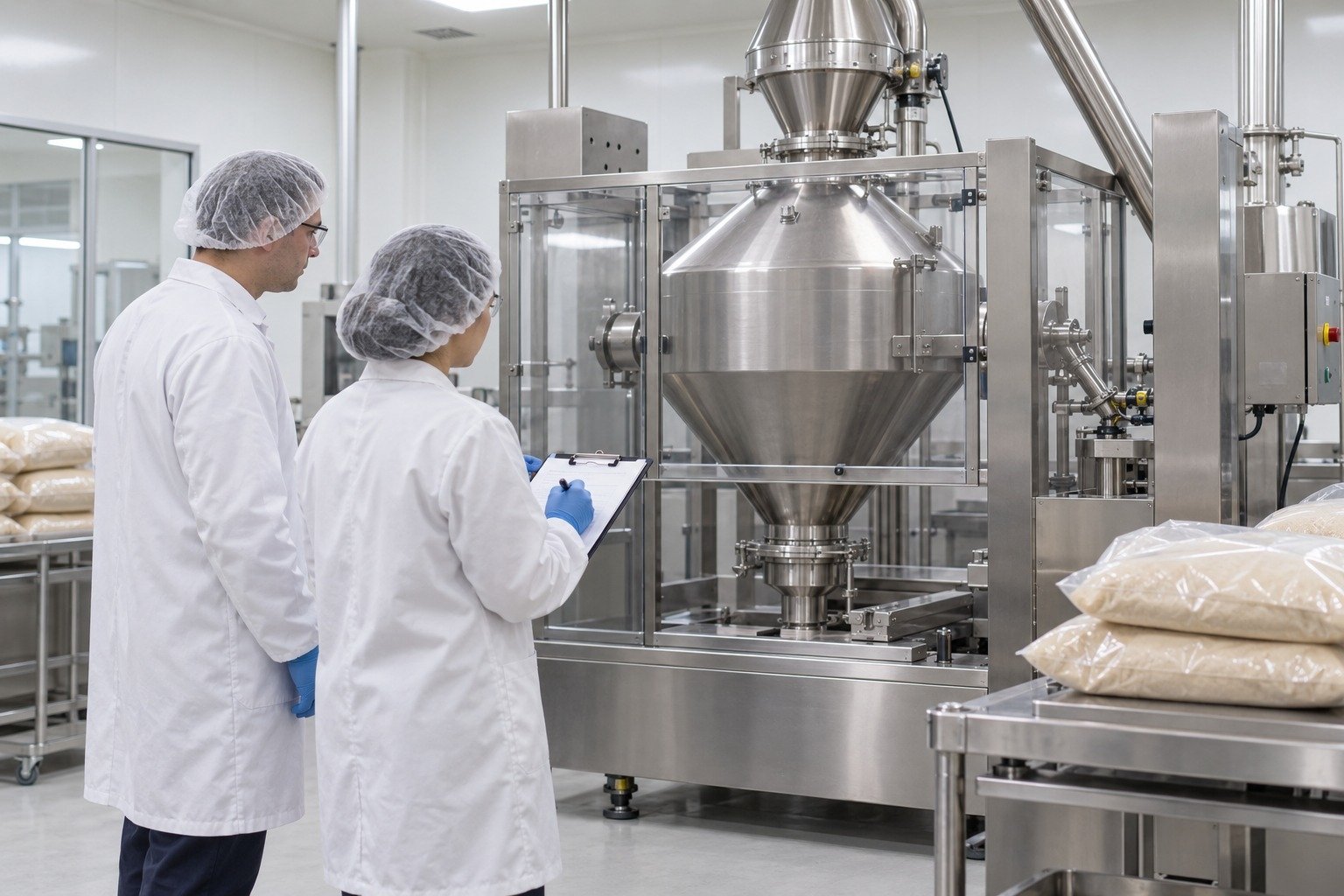 Manufacturing team observing dry-powder handling during a supplement pilot batch